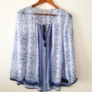 LUCKY BRAND SEMI SHEER BLUE WHITE FLORAL BLOUSE SHIRT SZ MEDIUM - PRETTY!